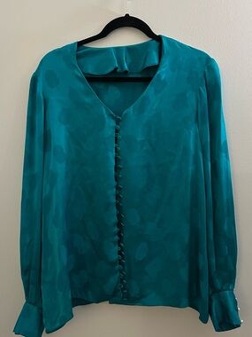 100% Silk Teal Long-Sleeve Button Front Blouse